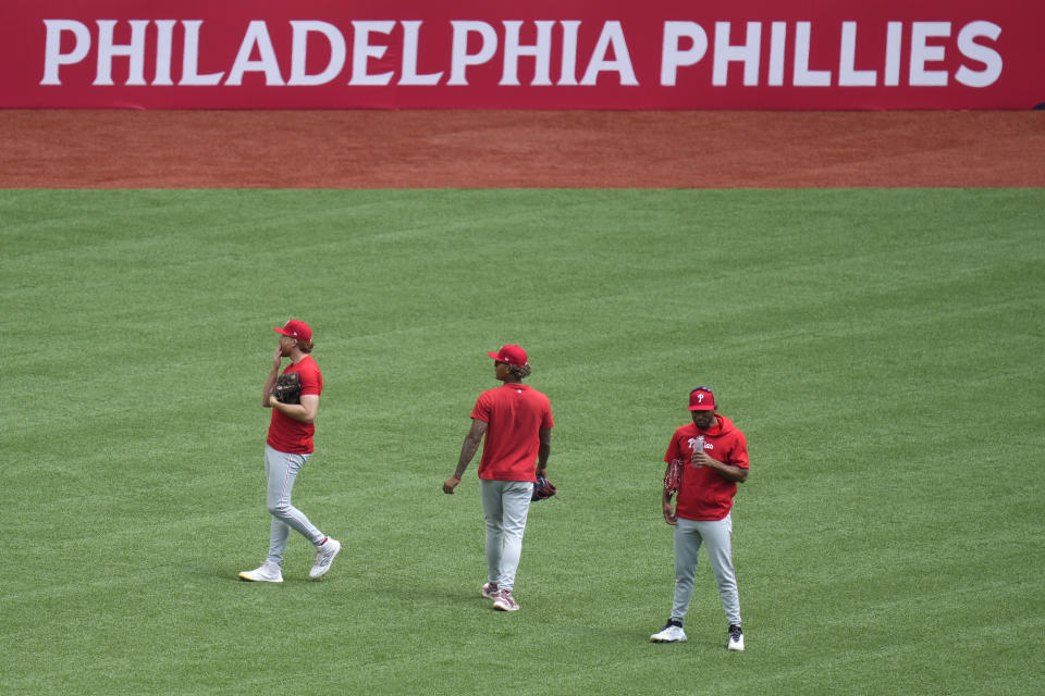 Philadelphia Phillies during a workout day at the London Stadium in London, Friday, June 7, 2024. New York Mets will play games against Philadelphia Phillies at the stadium on June 8 and June 9. (AP Photo/Kirsty Wigglesworth)