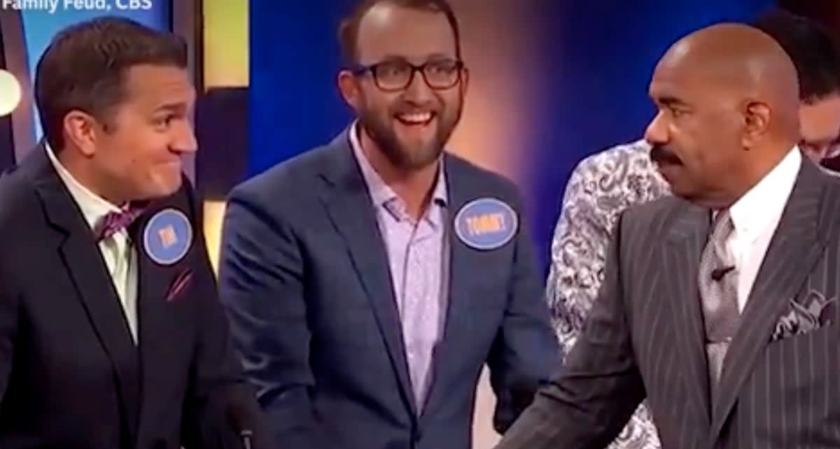 Timothy Bliefnick (on left) jokes about marriage to ‘Family Feud' host Steve Harvey (Family Feud)