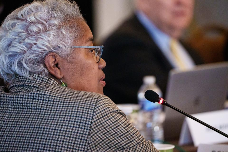 Donna Brazile, a member from Washington D.C. of the Democratic National Committee rules and bylaws committee, speaks during a meeting regarding the order of the presidential nominating calendar and the fate of Iowa's first in the nation caucuses.