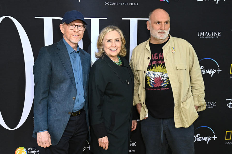 Ron Howard, Hillary Clinton and chef Jose Andres - Credit: Bryan Bedder/Getty Images