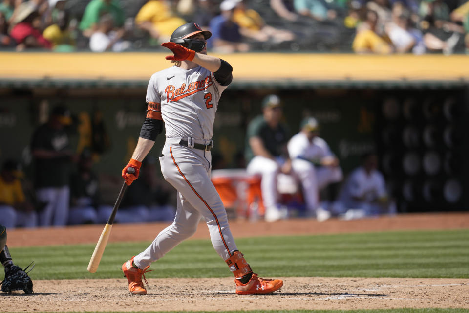 Baltimore Orioles' Gunnar Henderson watches his home run during the seventh inning of a baseball game against the Oakland Athletics in Oakland, Calif., Sunday, Aug. 20, 2023. (AP Photo/Jeff Chiu)