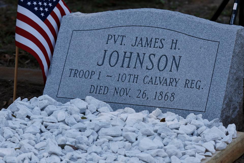 The headstone of Private James Johnson, a member of the Buffalo Soldier’s 10th Calvary unit in Bartow's Evergreen Cemetery.