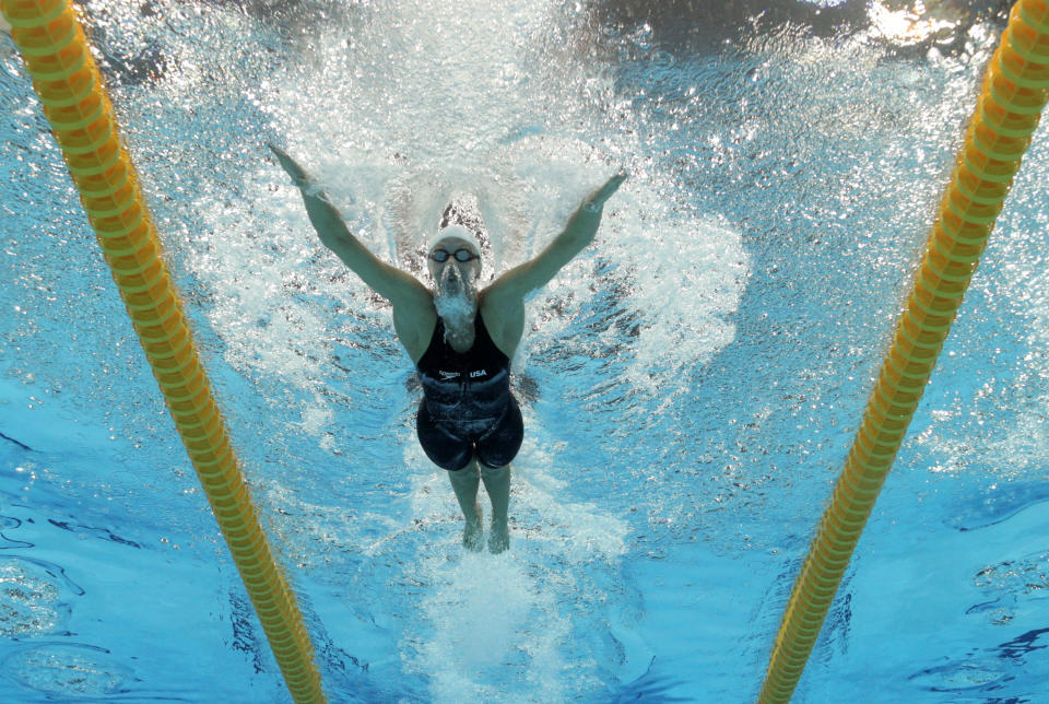 LONDON, ENGLAND - JULY 28: Dana Vollmer of the United States competes in heat six of the Women's 100m Butterfly on Day One of the London 2012 Olympic Games at the Aquatics Centre on July 28, 2012 in London, England. (Photo by Adam Pretty/Getty Images)