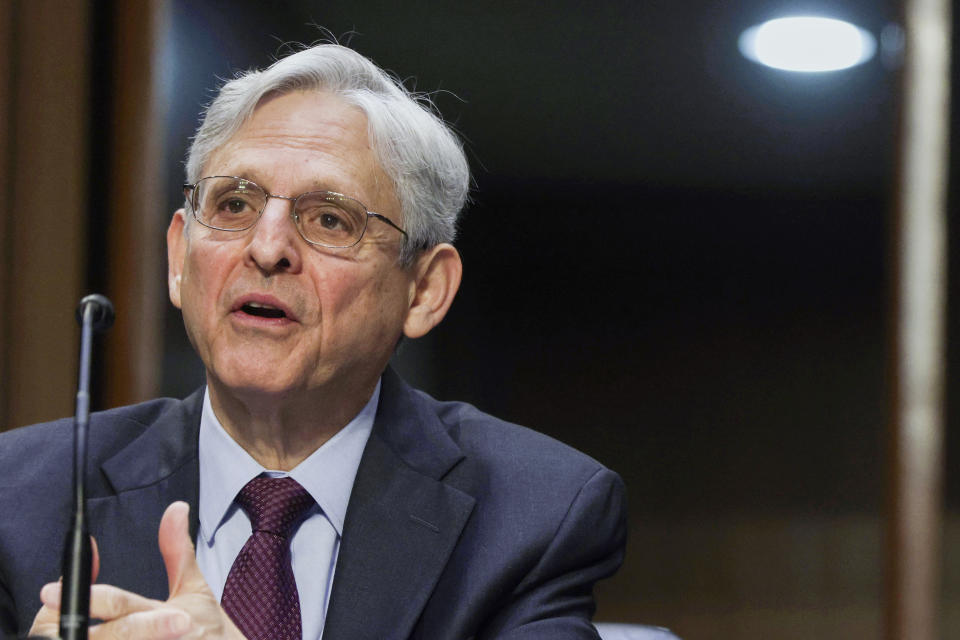 Attorney General Merrick Garland testifies before the Senate Appropriations committee hearing to examine domestic extremism, Wednesday, May 12, 2021 on Capitol Hill in Washington. (Alex Wong/Pool via AP)