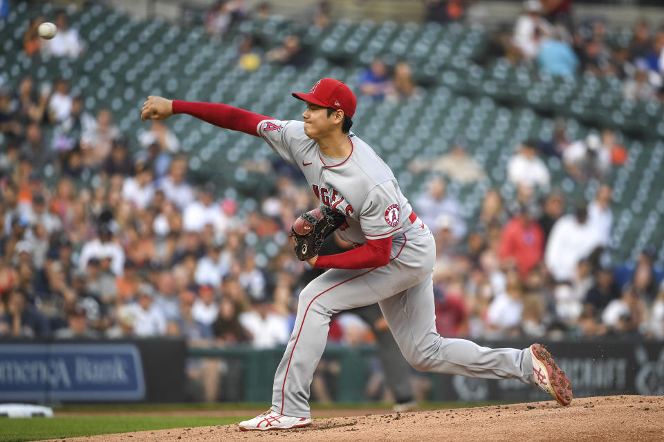 DETROIT, MICHIGAN - AUGUST 18: Shohei Ohtani #17 of the Los Angeles Angels delivers a pitch against the Detroit Tigers during the bottom of the first inning at Comerica Park on August 18, 2021 in Detroit, Michigan. (Photo by Nic Antaya/Getty Images)