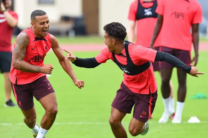 Thiago Alcântara of Liverpool with Fábio Carvalho of Liverpool during the Liverpool pre-season training camp on July 23, 2022 in UNSPECIFIED, Austria.