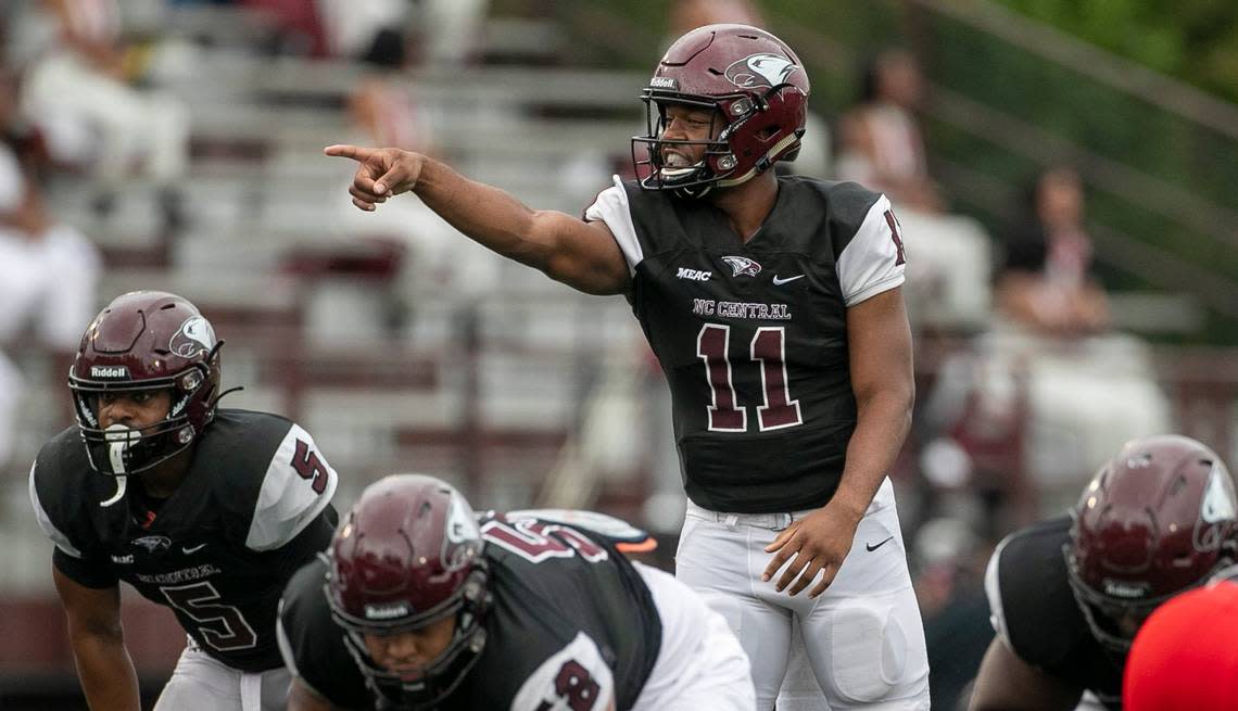 North Carolina Central quarterback Davius Richard (11) directs the offensive unit against Winston-Salem State on Saturday, September 10, 2022 at O’Kelly-Riddick Stadium in Durham, N.C. Robert Willett/rwillett@newsobserver.com