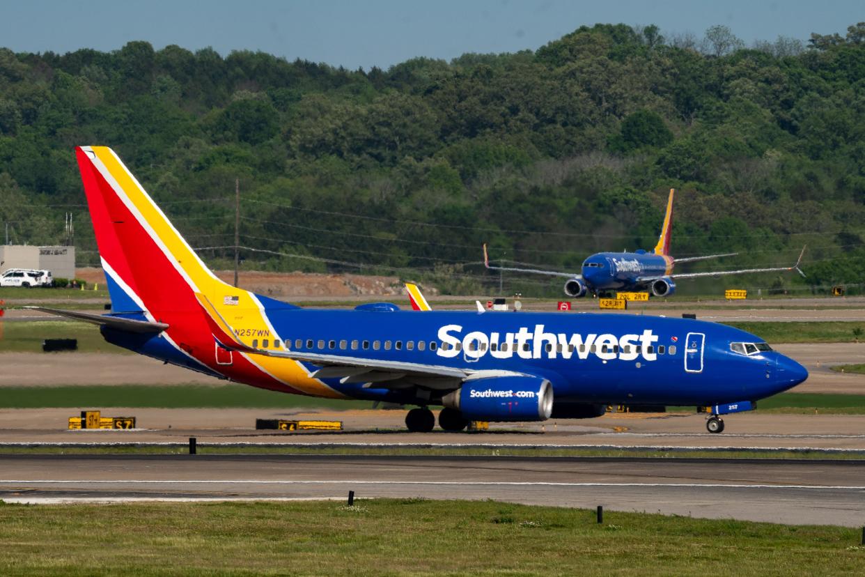 A Southwest Airlines air taxi at Nashville International Airport in Nashville, Tennessee, Tuesday, April 23, 2024.