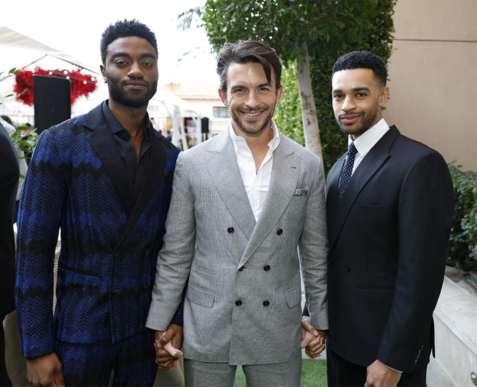 Jelani Alladin, Jonathan Bailey and Noah J. Ricketts attend The BAFTA Tea Party presented by Delta Air Lines, Virgin Atlantic and BBC Studios Los Angeles Productions at The Maybourne Beverly Hills on January 13, 2024 in Beverly Hills, California.
