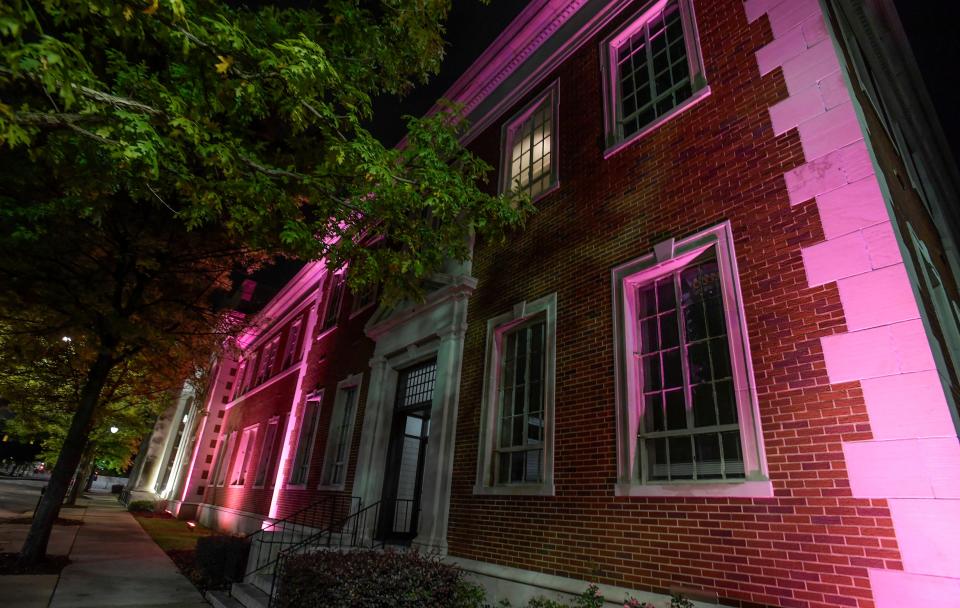 Montgomery City Hall has pink lights illuminating it for breast cancer awareness on Thursday evening October 12, 2023.