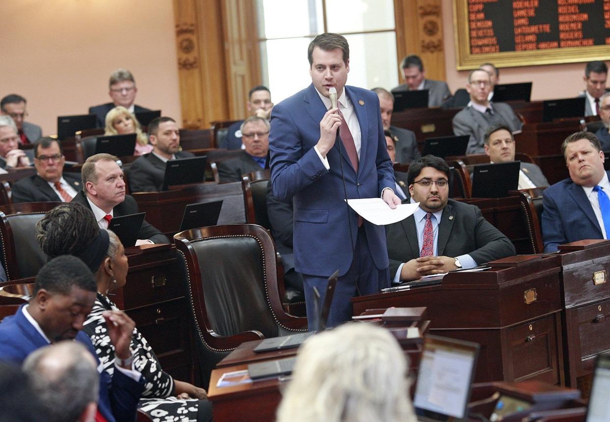 Rep. Derek Merrin, R-Monclova, speaks in favor of legislation to ban most abortions in Ohio ahead of the House vote in 2019.