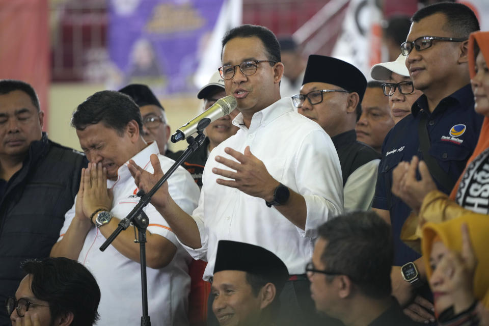 Presidential candidate Anies Baswedan delivers a speech during his campaign rally in Jakarta, Indonesia, Tuesday, Nov. 28, 2023. Candidates officially began their campaign for next year's election which will determine who will succeed President Joko Widodo who is now serving his second and final term. (AP Photo/Achmad Ibrahim)