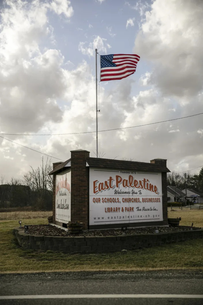 A welcome sign on the outskirts of East Palestine, Ohio on Feb. 23, 2023. (Maddie McGarvey/The New York Times)