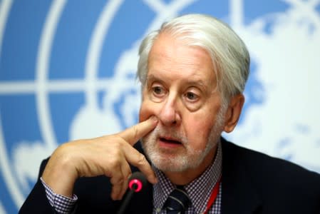 Pinheiro Chairperson of the Commission of Inquiry on Syria attends a news conference during the Human Rights Council in Geneva