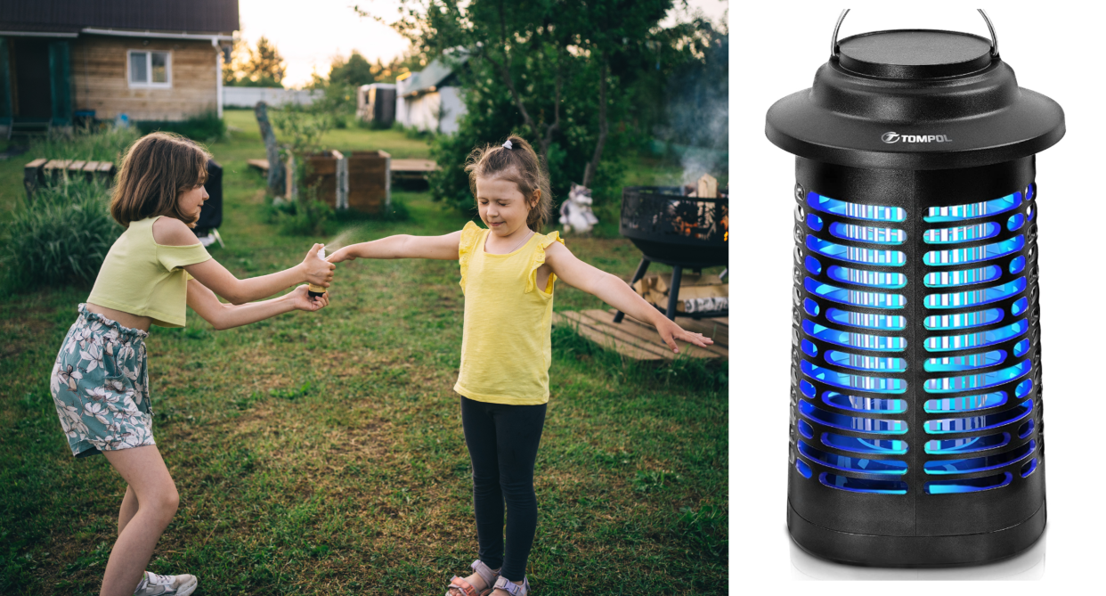 split screen of two little girls outside applying bug spray and TOMPOL Bug Zapper for Indoor and Outdoor, 4200V Electric Mosquito Zapper, High Powered Pest Control Waterproof, Insect Killer for Home, Kitchen, Backyard, Camping