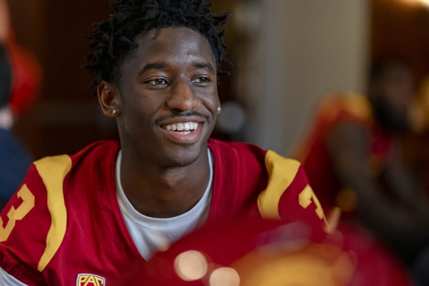 Los Angeles, CA - August 04: USC wide receiver Jordan Addison talks with reporters on media day.