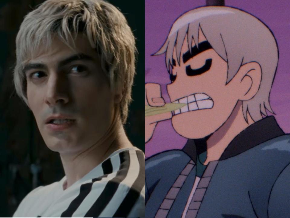 left: brandon routh as todd ingram in scott pilgrim movie, his hair worn blonde and touseled, wearing a white shirt with black stripes on the shoulders; right: todd ingram in the scott pilgrim anime, wearing a blue jacket and taking a bite of celery