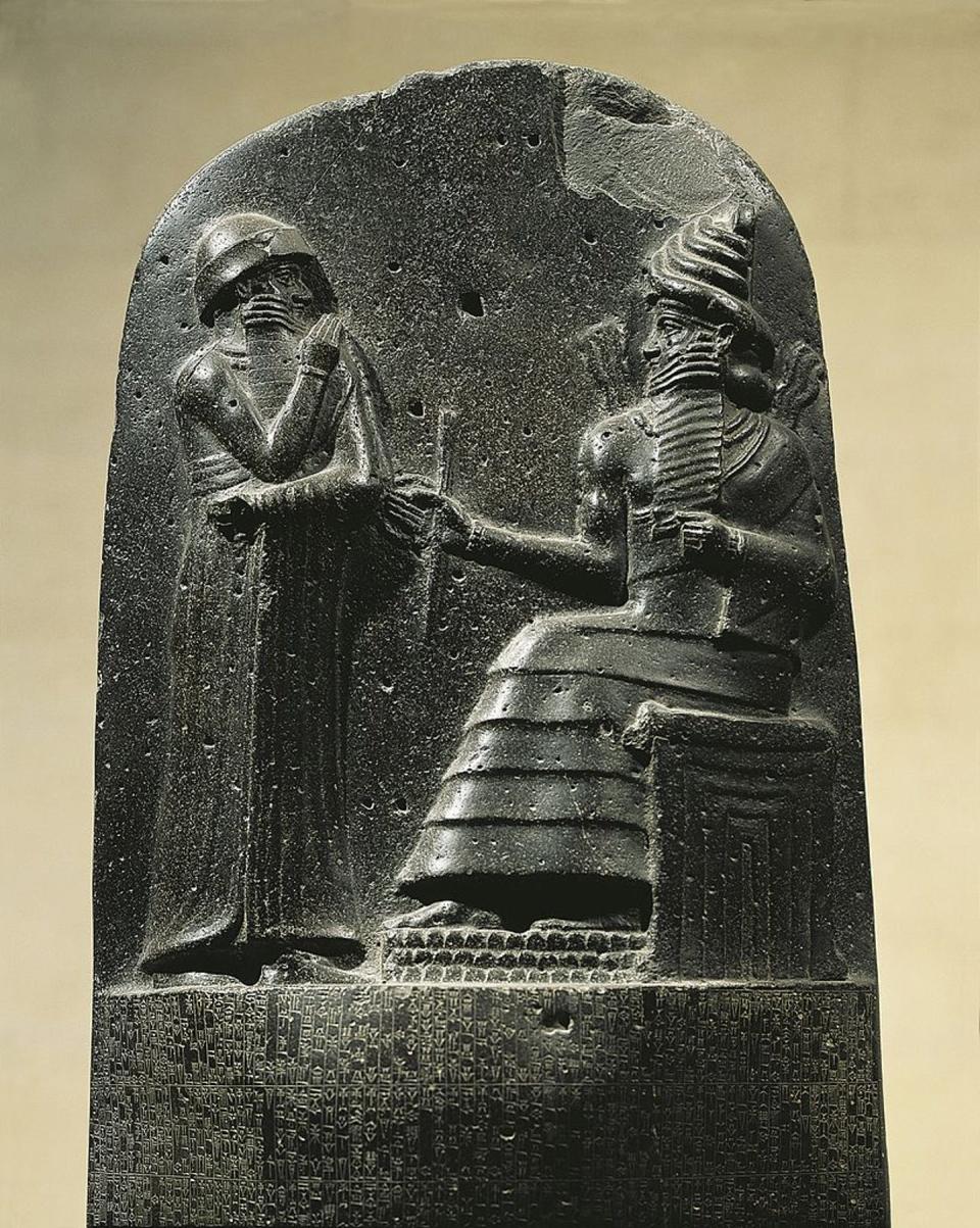 Detail of a relief of King Hammurabi before the sun-god Shamash, from a stone stele inscribed with his proclamation of laws and dedicated around 1750 B.C., discovered at Susa in present-day Iran. <a href="https://www.gettyimages.com/detail/news-photo/diorite-stela-with-the-code-of-hammurabi-detail-showing-the-news-photo/142931321?adppopup=true" rel="nofollow noopener" target="_blank" data-ylk="slk:DEA / G. Dagli Orti/DeAgostini via Getty Images;elm:context_link;itc:0;sec:content-canvas" class="link ">DEA / G. Dagli Orti/DeAgostini via Getty Images</a>