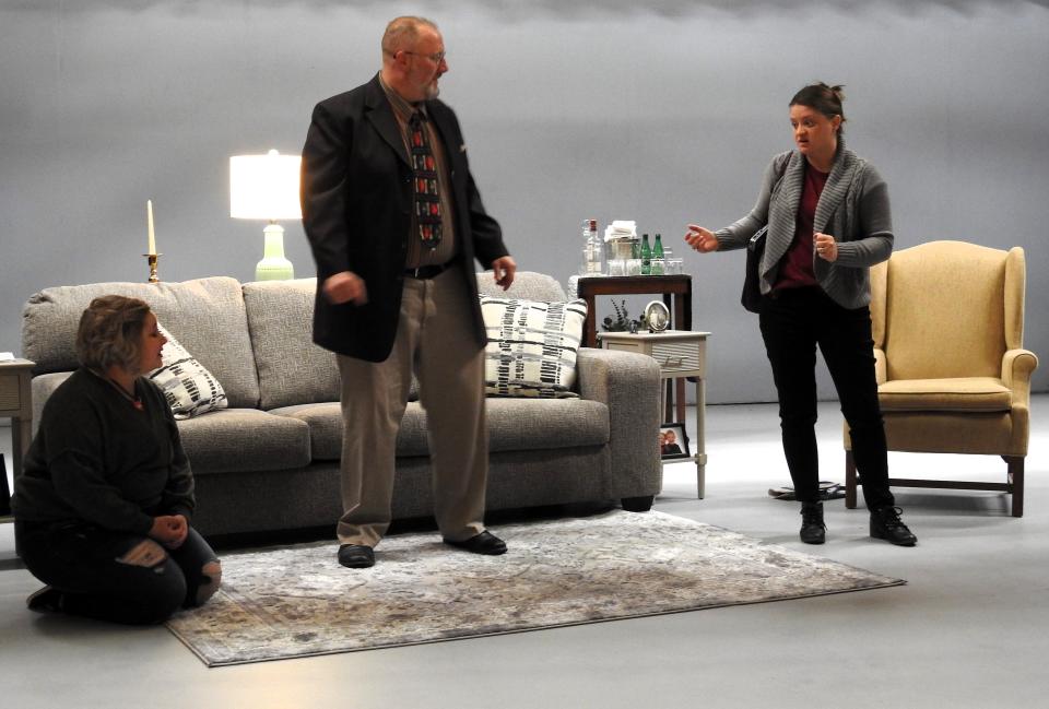 Annie Baker as Sylvia, Ryan Teti as Greg and Katie Aggas as Kate in the "Sylvia" for the Coshocton Footlight Players at the Triple Locks Theater.