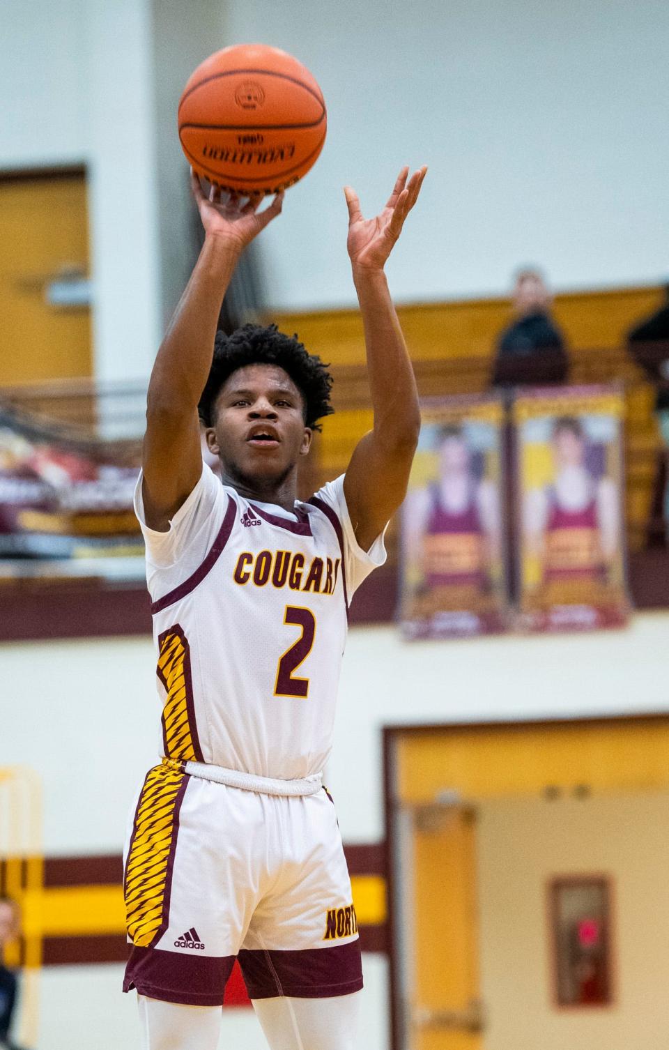 Bloomington North's Dawan Daniels (2) shoots during the Bloomington North versus Center Grove boys basketball game at Bloomington High School North on Friday, Dec. 2, 2022.