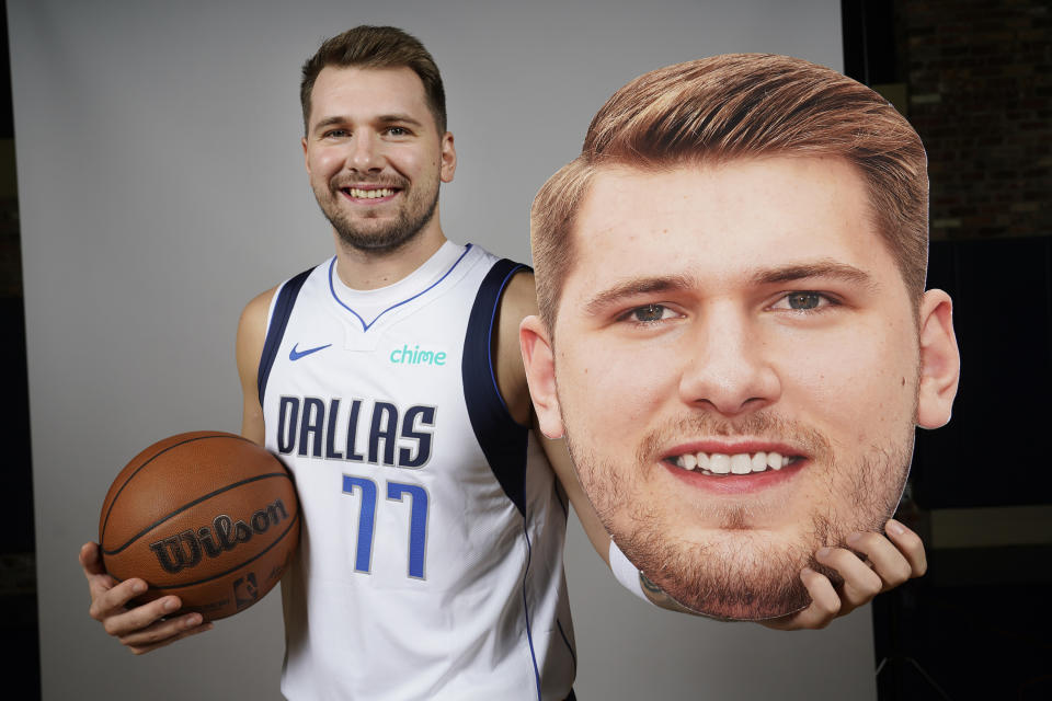 Dallas Mavericks guard Luka Doncic poses for a photo during a NBA basketball media day in Dallas, Friday, Sept. 29, 2023. (AP Photo/LM Otero)