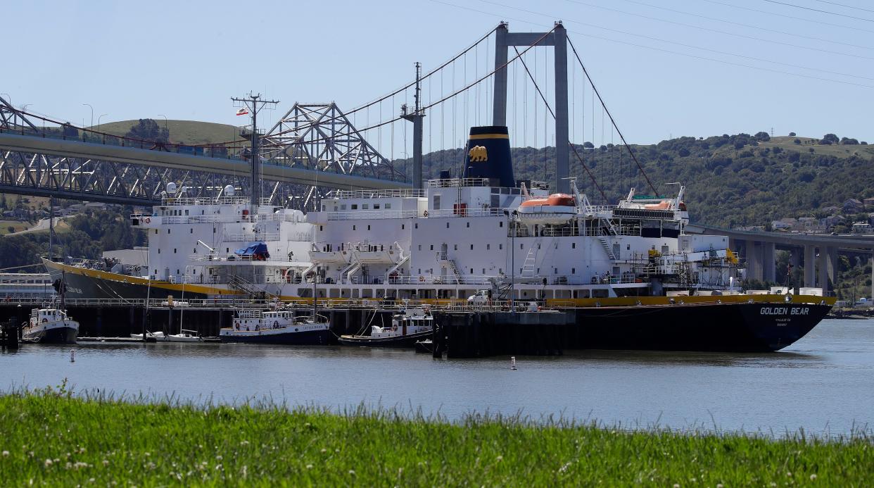 The Training Ship Golden Bear is seen moored at the California Maritime State University Academy on Tuesday, April 28, 2020, in Vallejo, Calif. The Academy has received permission from the office of California Gov. Gavin Newsom to resume limited in-person classes this semester and hopes to send 350 students and staff on its annual summer training cruise, which is a graduation requirement for cadets.