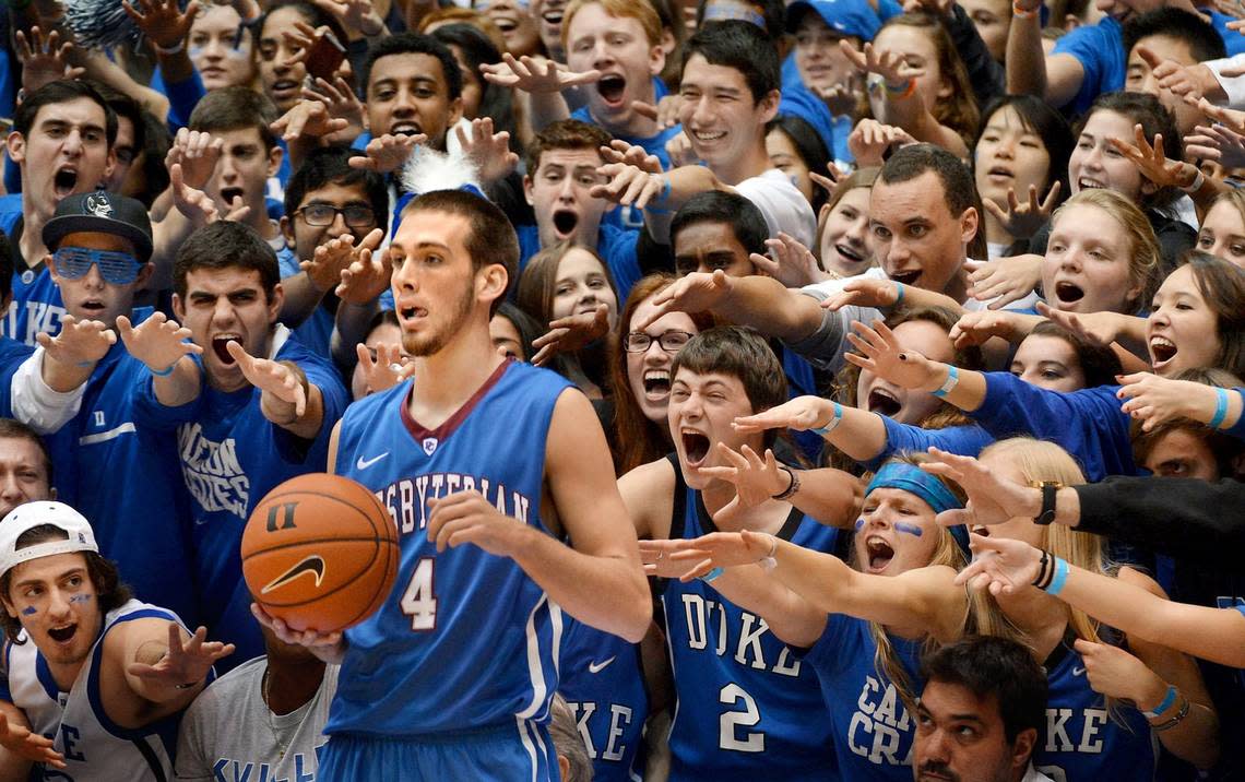 The Cameron Crazies rally against Presbyterian guard Austin Anderson during the first half of Duke’s season opener Friday at Cameron Indoor Stadium.