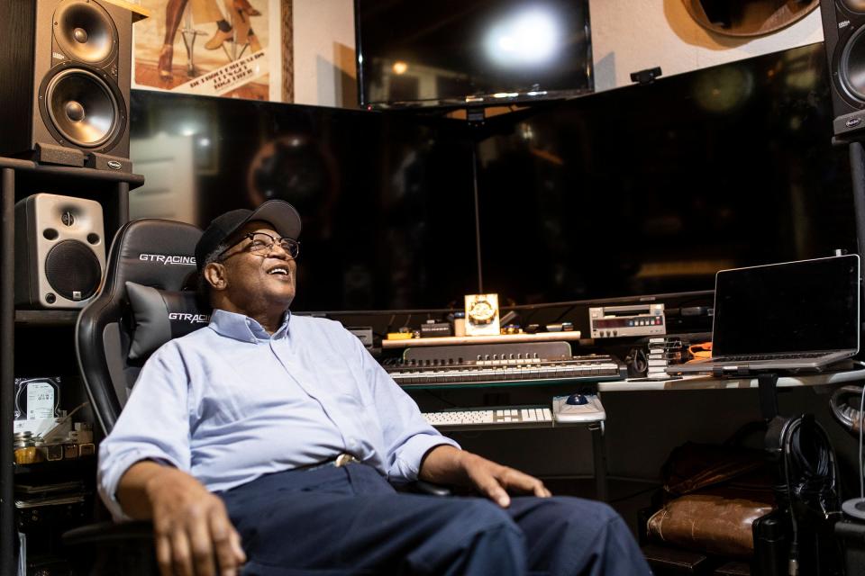 Marvin Willis, co-composer of the song "Float On" for The Floaters, in the studio at his home in Farmington Hills during a Free Press interview on Tuesday, May 23, 2023.