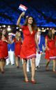 Paraguay's athlete Leryn Franco parades with her country's delegation during the opening ceremony of the London 2012 Olympic Games on July 27, 2012 at the Olympic stadium in London. (Leon Neal/AFP/Getty Images)