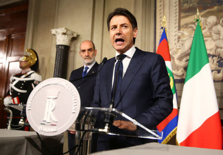 Italy's Prime Minister-designate Giuseppe Conte speaks to the media after a meeting with the Italian President Sergio Mattarella at the Quirinal Palace in Rome, Italy, May 27, 2018. REUTERS/Alessandro Bianchi