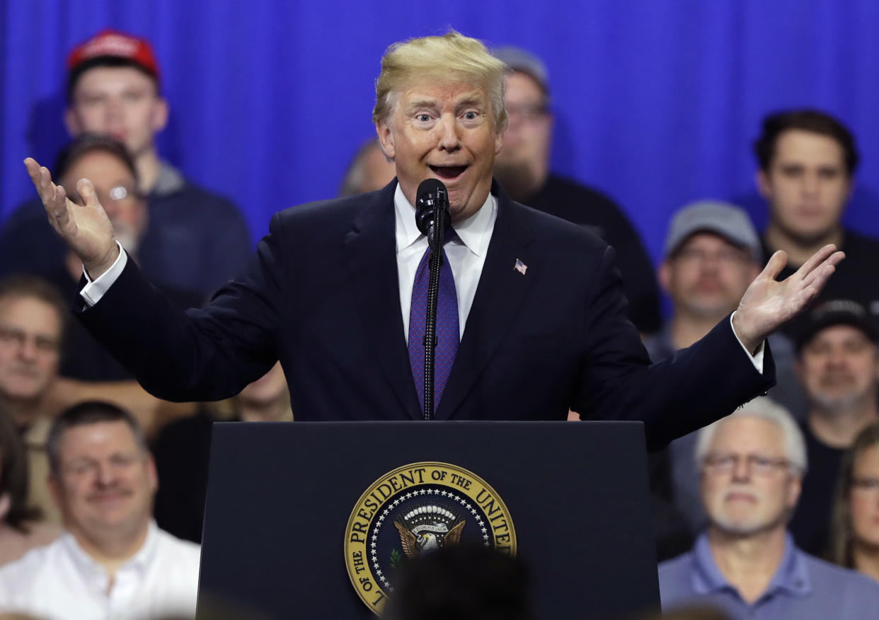 President Trump delivers remarks on tax policy during a visit to the Sheffer Corp. in Ohio on Monday. (Photo: Evan Vucci/AP)