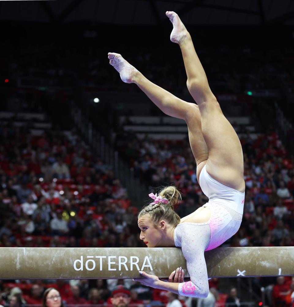 University of Utah gymnast Abby Paulson competes on the beam against Stanford in Salt Lake City on Friday, Feb. 23, 2024. | Jeffrey D. Allred, Deseret News