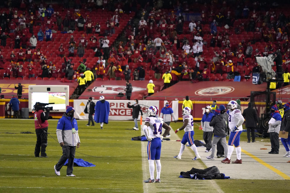 Buffalo Bills wide receiver Stefon Diggs (14) stands on the field at the end of the AFC championship NFL football game against the Kansas City Chiefs, Sunday, Jan. 24, 2021, in Kansas City, Mo. The Chiefs won 38-24. (AP Photo/Jeff Roberson)