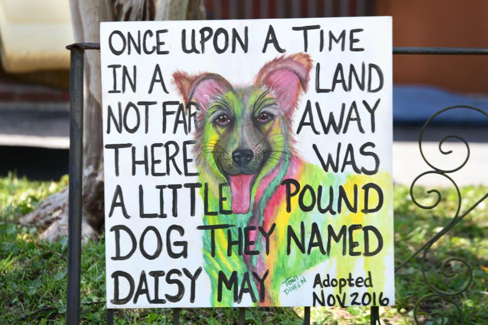 This painting of a dog adopted from the Panhandle Animal Welfare Society is part of an art exhibit entitled “We Were Sheltered,” which is on display at the PAWS thrift store, Junkyard Dog, in Fort Walton Beach.
