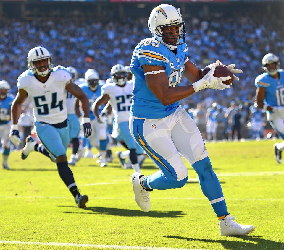 Antonio Gates signed with the Chargers as an undrafted free agent in 2003 after playing college basketball at Kent State. He finished his career with 116 touchdown receptions, the most all-time for a tight end.