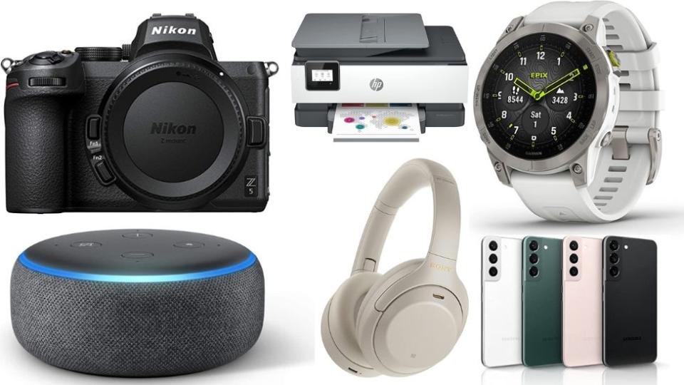 A montage of electronic items including a Nikon black camera, a HP printer, a sports watch, white headphones, colourful mobile phones and a round speaker/sound system.