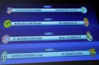 A screen shows the order of the draw of the UEFA Champions League quarterfinals, in Nyon, Switzerland March 17, 2017. REUTERS/Denis Balibouse