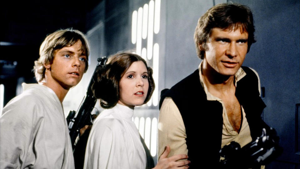 Mark Hamill, Carrie Fisher and Harrison Ford in 'Star Wars: A New Hope' (credit: Disney)