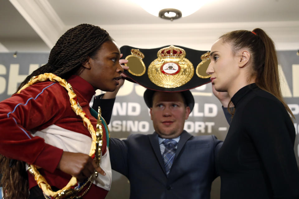 NEW YORK, NEW YORK - JANUARY 07: Claressa Shields and Ivana Habazin face off at a press conference at Hotel Plaza Athenee prior to their January 11th, 2020 WBO 154-pound title fight at the Ocean Casino Resort in Atlantic City, NJ on January 07, 2020 in New York City. (Photo by Michael Owens/Getty Images)