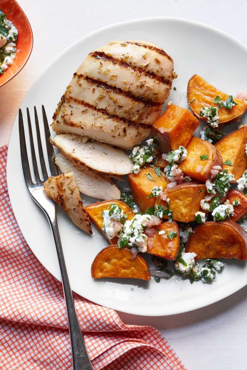 Chicken with Sweet Potatoes and Feta Salsa Verde