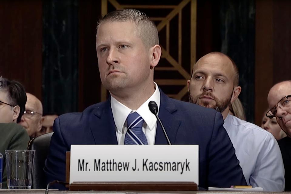 In this image from video from the Senate Judiciary Committee, Matthew Kacsmaryk listens during his confirmation hearing before the Senate Judiciary Committee on Capitol Hill in Washington, on Dec. 13, 2017.