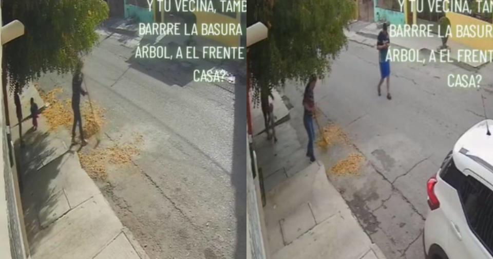 Mujer capta a su vecina barriendo su basura hacia la entrada de su casa. Foto: Captura de video TikTok vía @yusselilopez