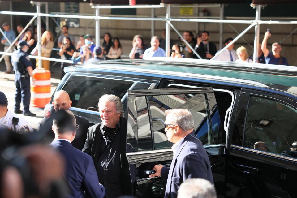 Steve Bannon, the former adviser to former President Donald Trump, arrives at the Manhattan district attorney’s office to turn himself in on Thursday in New York City.