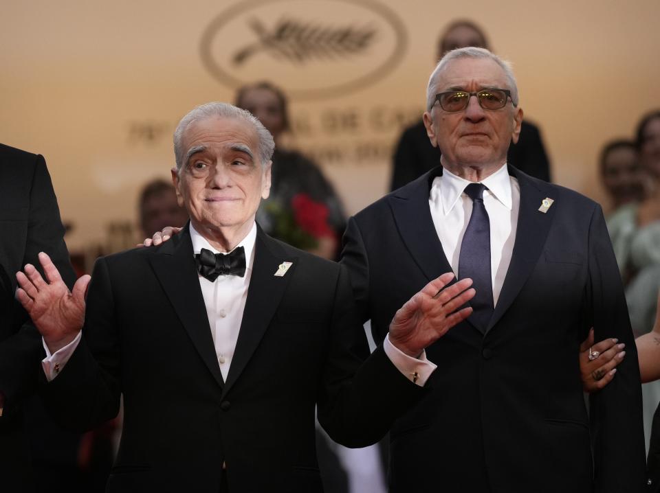Director Martin Scorsese, left, and Robert De Niro pose for photographers upon arrival at the premiere of the film 'Killers of the Flower Moon' at the 76th international film festival, Cannes, southern France, Saturday, May 20, 2023. (Photo by Scott Garfitt/Invision/AP)