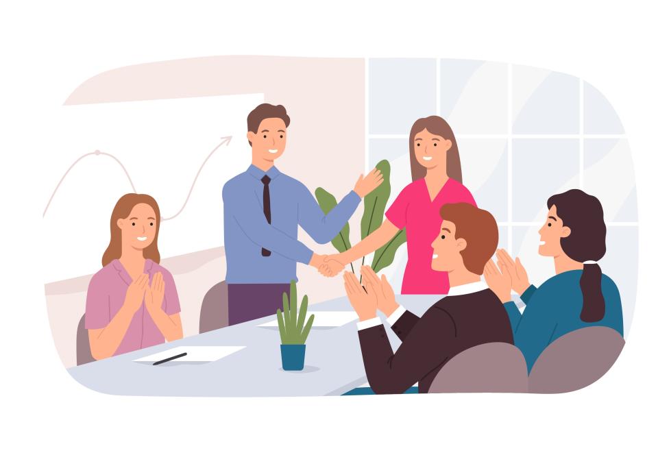 Business deal success. Office people discuss idea at meeting, partnership handshake, team celebration. Employee career growth vector concept. Illustration office discussion and meeting business people