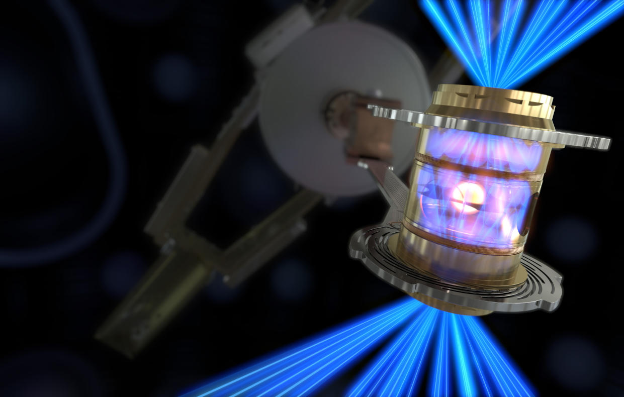 To achieve ignition, scientists fired the energy of 192 lasers at a cylinder called a hohlraum. The process imploded a tiny capsule inside the hohlraum that is filled with deuterium and tritium, creating a fusion reaction. (Lawrence Livermore National Laboratory)