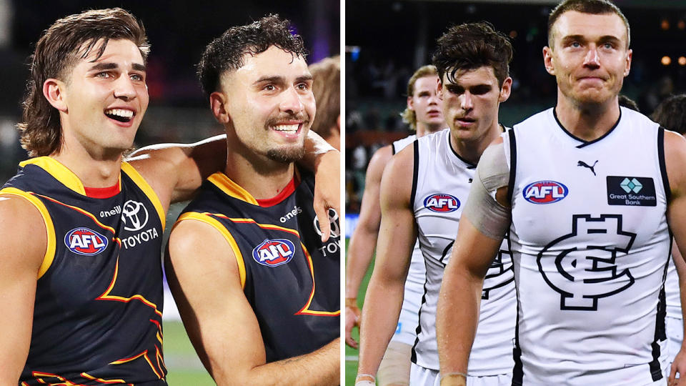 Adelaide Crows players Josh Rachele and Izak Rankine celebrate on the left, while Patrick Cripps leads the Carlton Blues off the field on the right.