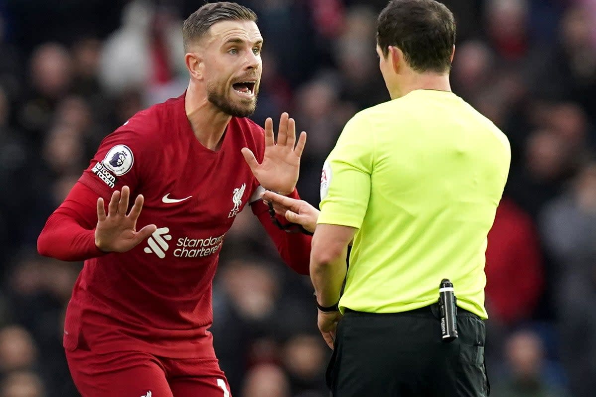 Jordan Henderson and Liverpool endured a difficult day at the Amex Stadium (Gareth Fuller/PA) (PA Wire)