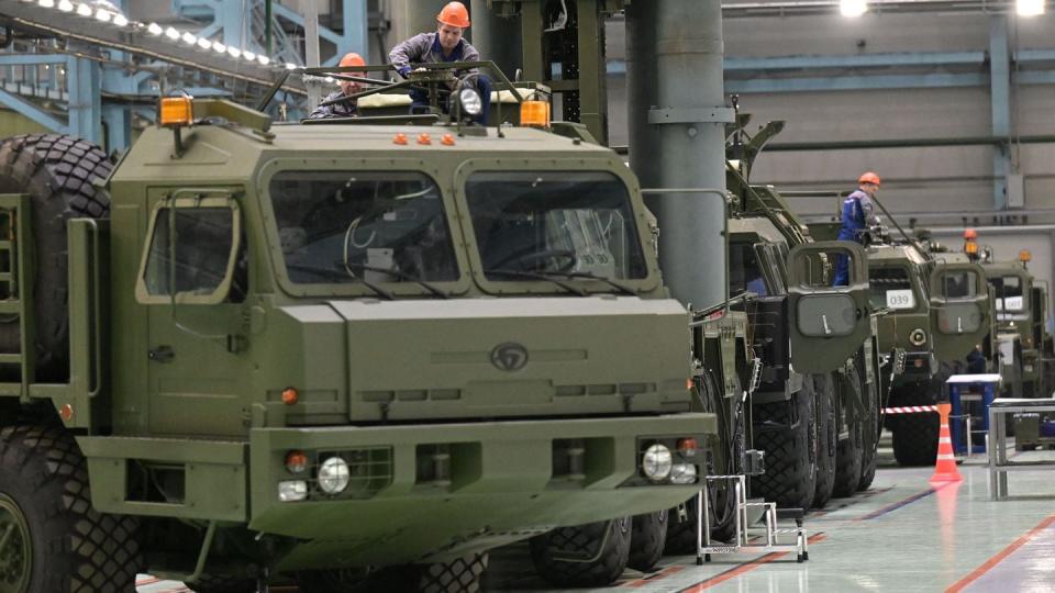 Military vehicles are seen at a plant of Russian missile manufacturer Almaz-Antey in Saint Petersburg on Jan. 18, 2023. (Ilya Pitalev/SPUTNIK/AFP via Getty Images)