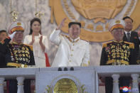 FILE - In this photo provided by the North Korean government, North Korean leader Kim Jong Un, center, watches a military parade to mark the 90th anniversary of North Korea's army at the Kim Il Sung Square in Pyongyang, North Korea, April 25, 2022. When the U.S. and South Korean leaders meet Saturday, May 21, North Korea’s nuclear weapons and missile program, already a major focus, may receive extra attention if intelligence predictions of an imminent major weapons demonstration by the North, which is struggling with a COVID-19 outbreak, are right. Independent journalists were not given access to cover the event depicted in this image distributed by the North Korean government. The content of this image is as provided and cannot be independently verified. Korean language watermark on image as provided by source reads: "KCNA" which is the abbreviation for Korean Central News Agency. (Korean Central News Agency/Korea News Service via AP, File)